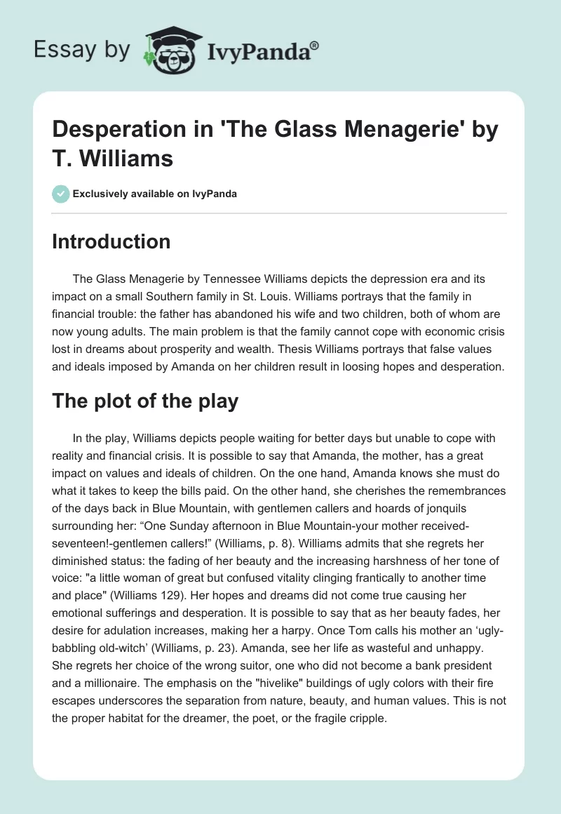 Desperation in 'The Glass Menagerie' by T. Williams. Page 1
