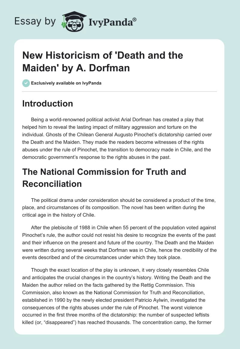 New Historicism of 'Death and the Maiden' by A. Dorfman. Page 1