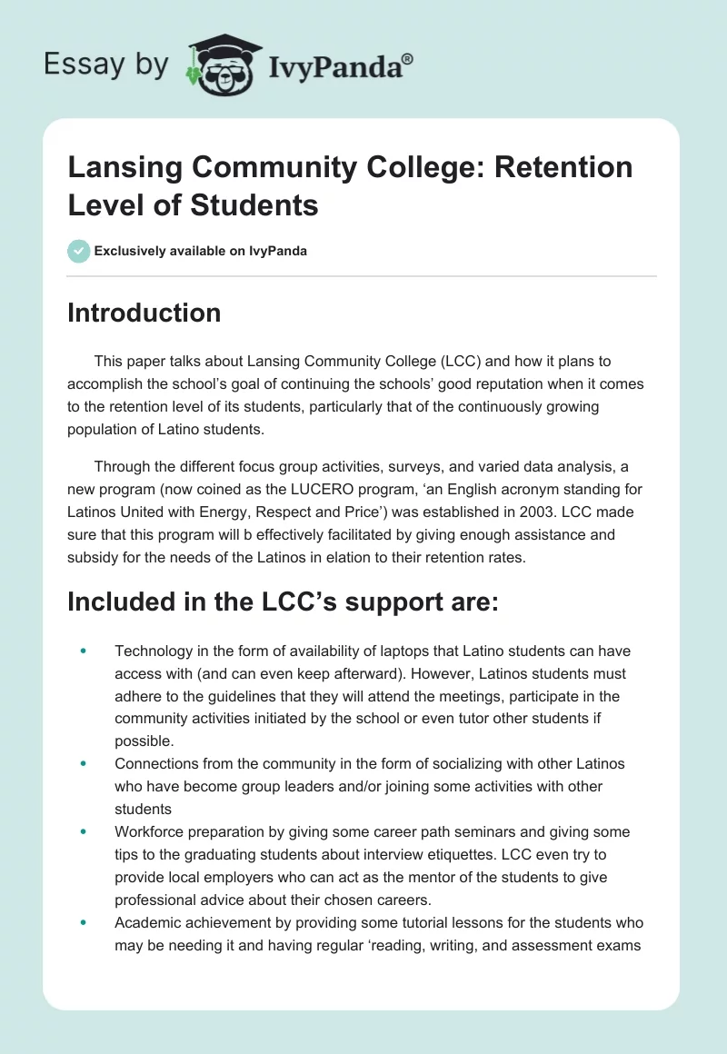 Lansing Community College: Retention Level of Students. Page 1