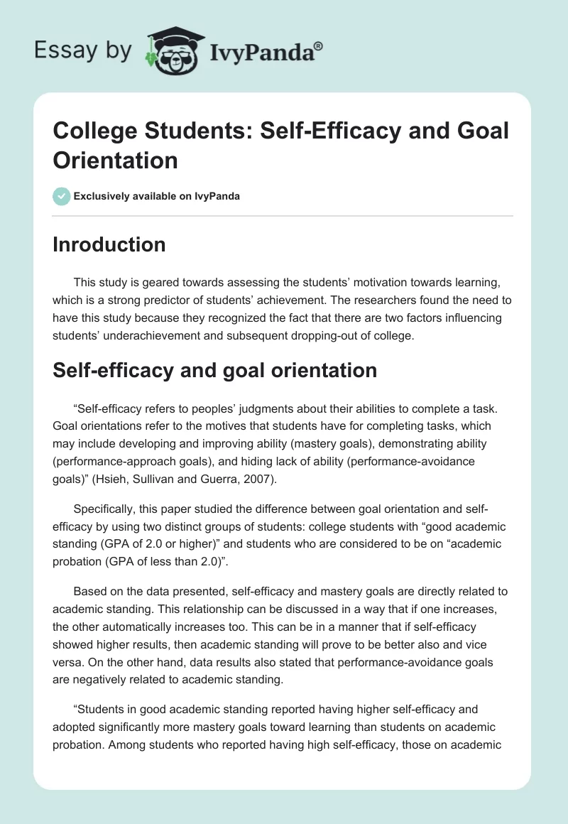 College Students: Self-Efficacy and Goal Orientation. Page 1