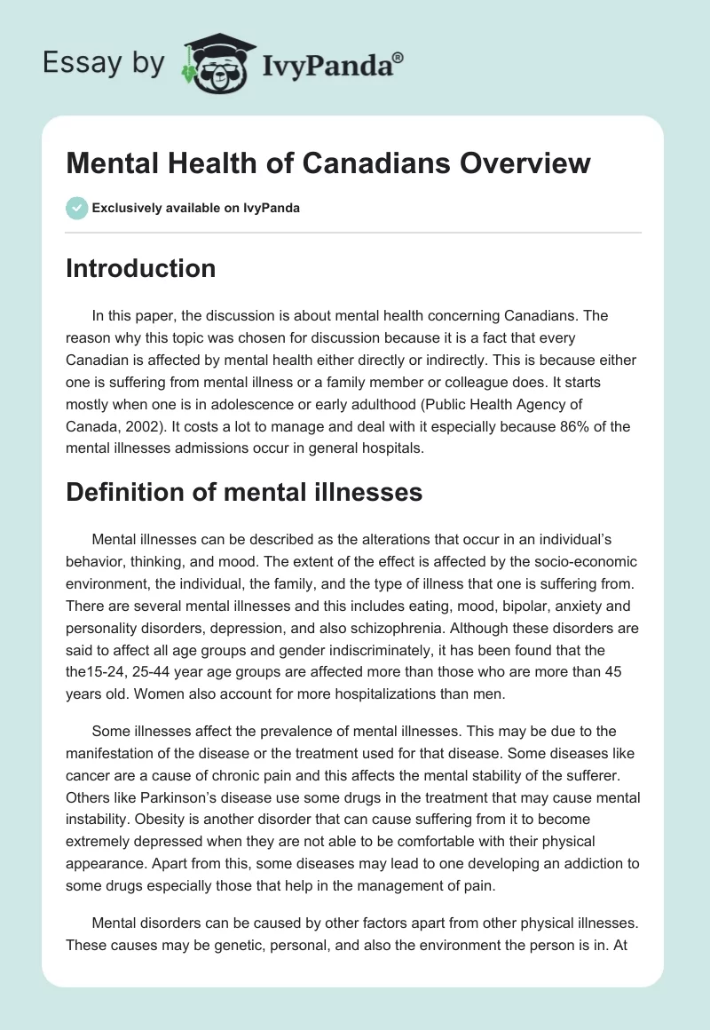 Mental Health of Canadians Overview. Page 1