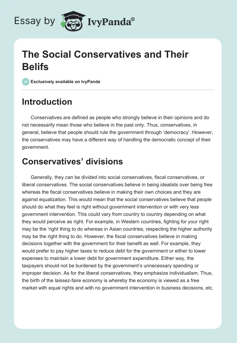 The Social Conservatives and Their Belifs. Page 1