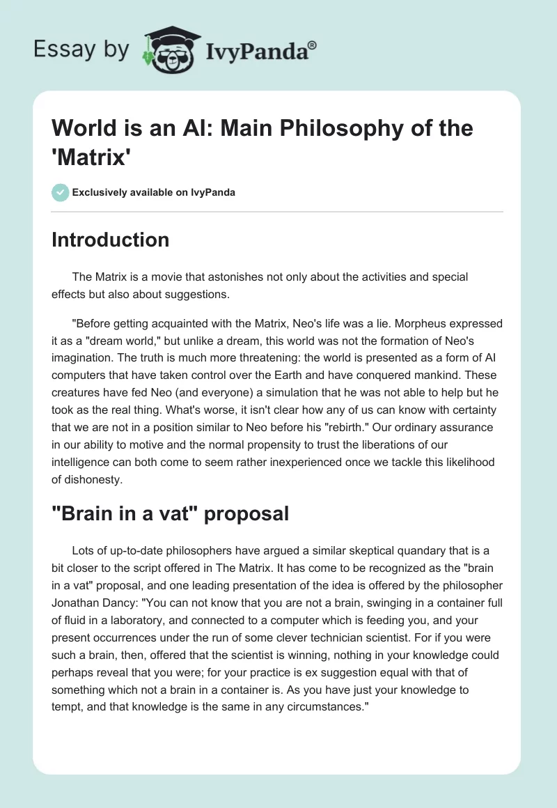 World is an AI: Main Philosophy of the 'Matrix'. Page 1