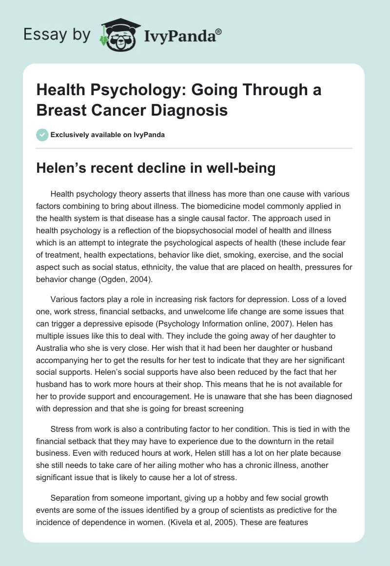 Health Psychology: Going Through a Breast Cancer Diagnosis. Page 1