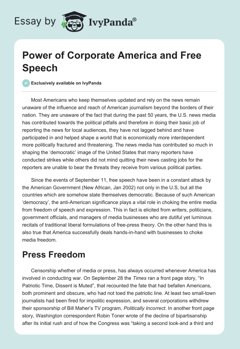 Power of Corporate America and Free Speech. Page 1