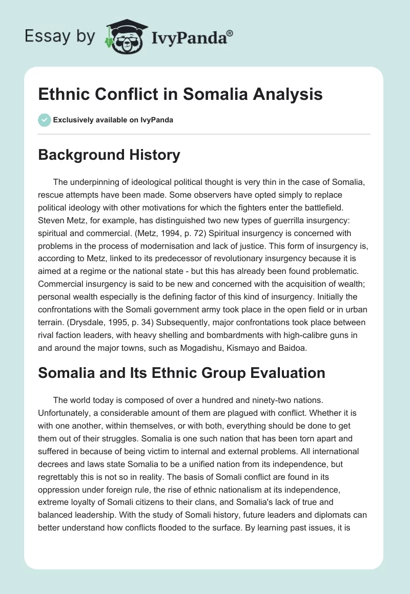 Ethnic Conflict in Somalia Analysis. Page 1