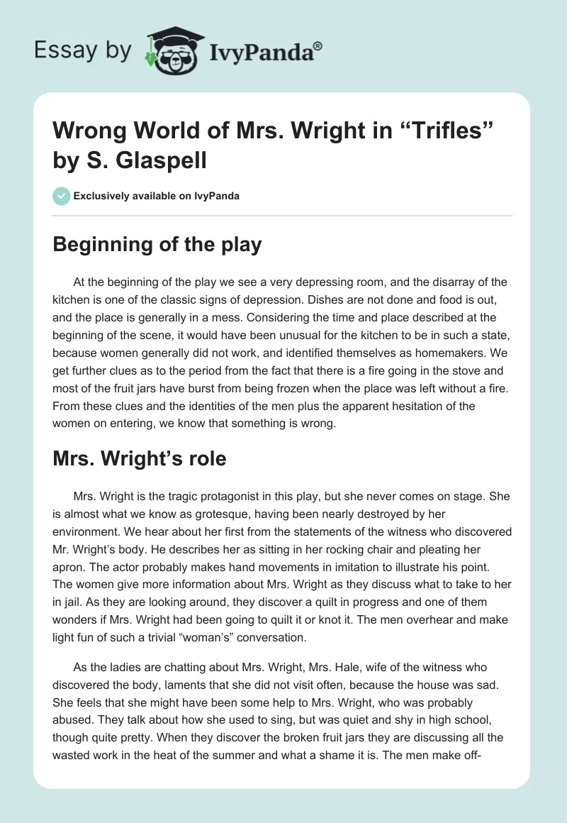Wrong World of Mrs. Wright in “Trifles” by S. Glaspell. Page 1