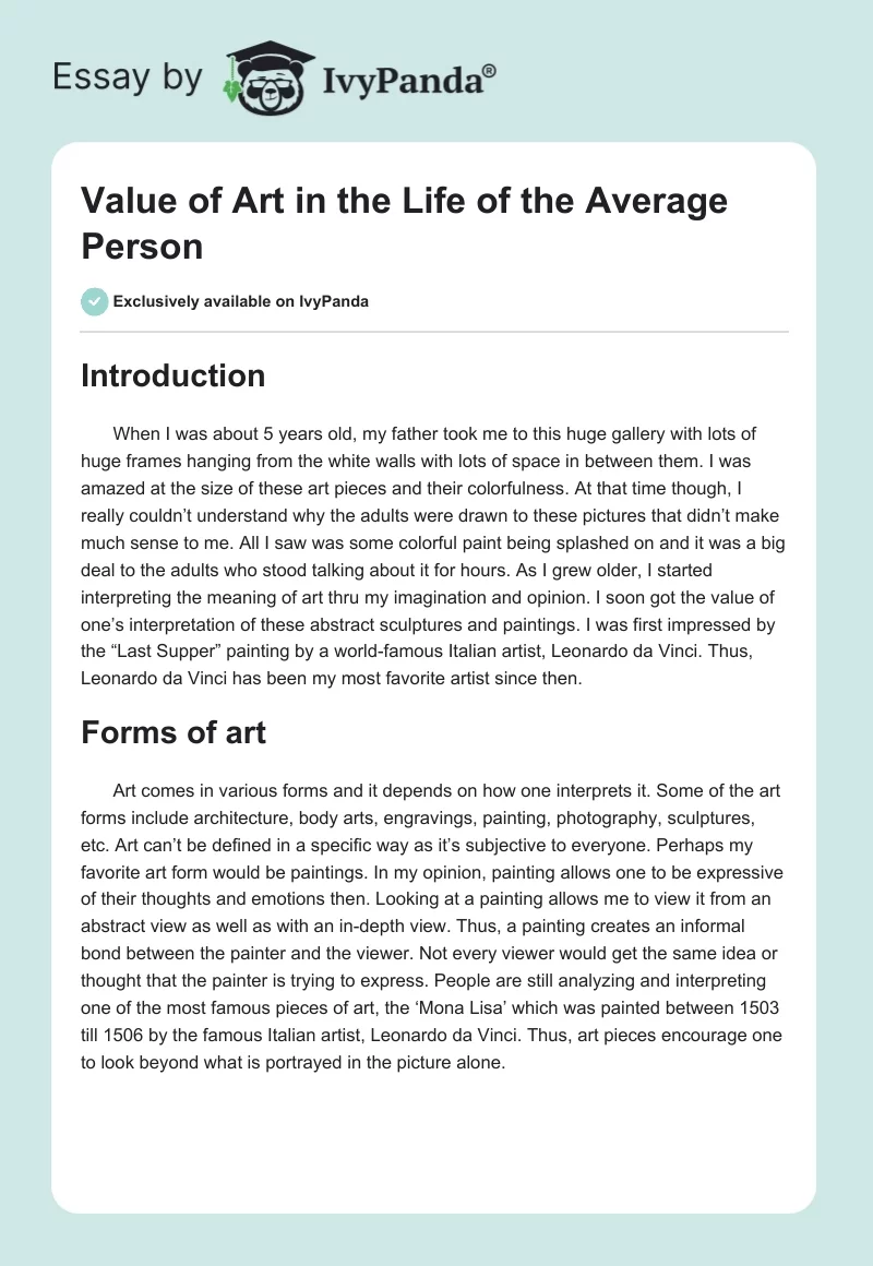 Value of Art in the Life of the Average Person. Page 1