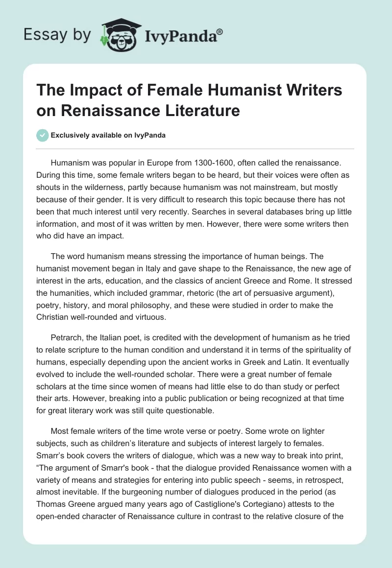 The Impact of Female Humanist Writers on Renaissance Literature. Page 1
