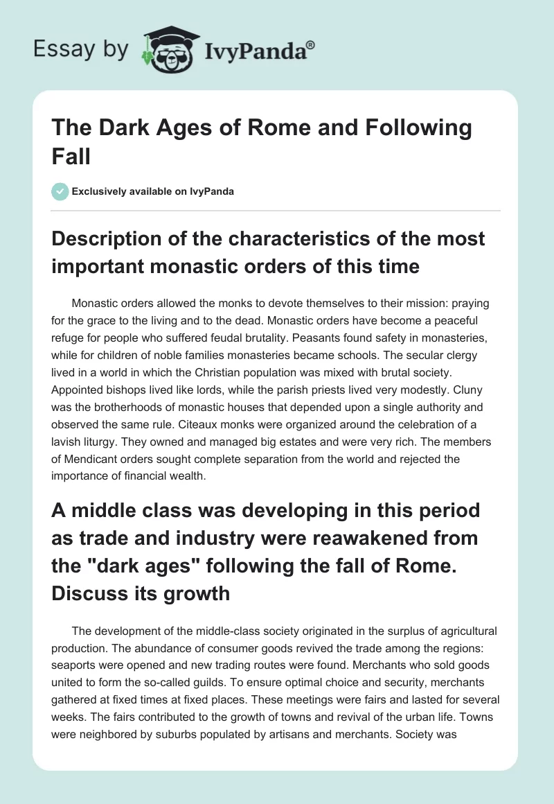 The "Dark Ages" of Rome and Following Fall. Page 1
