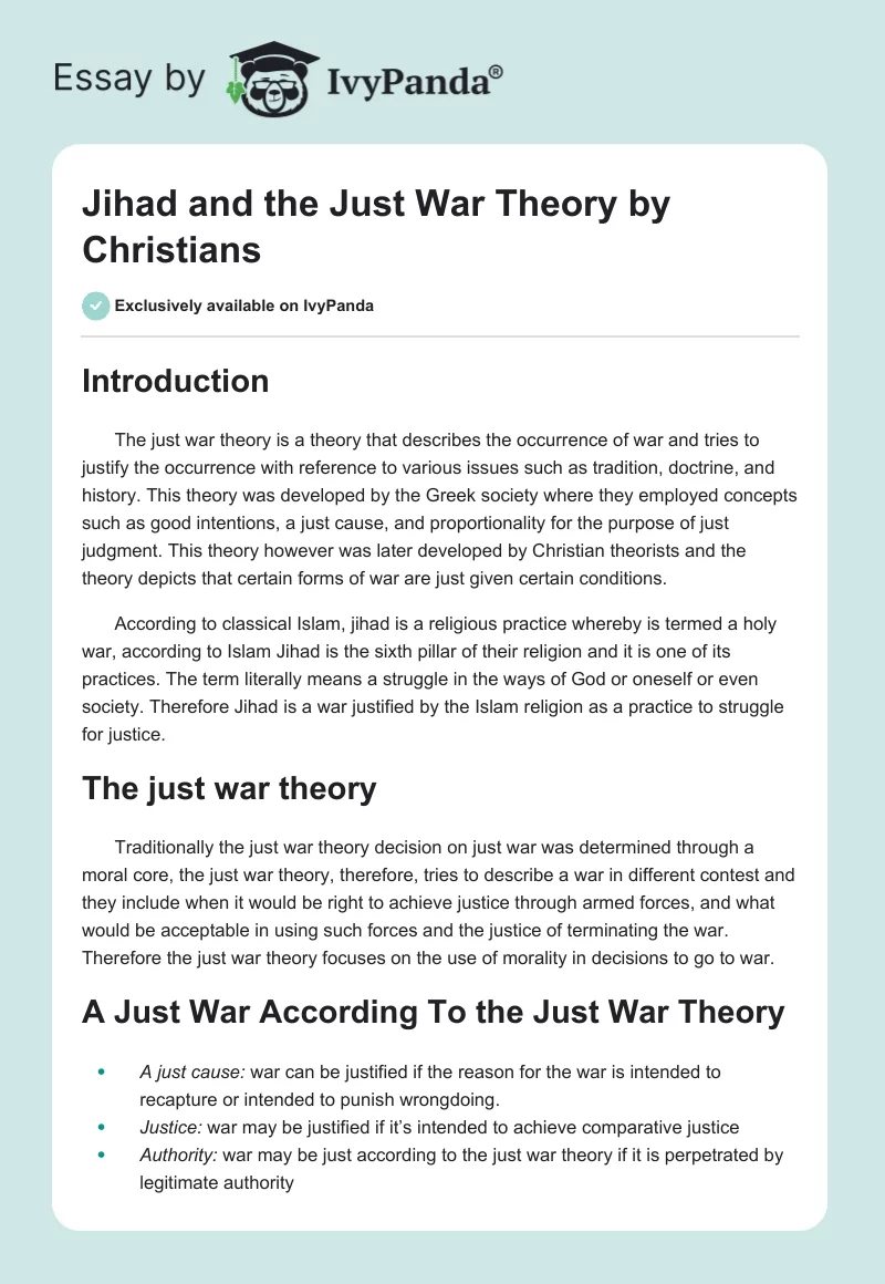 Jihad and the Just War Theory by Christians. Page 1
