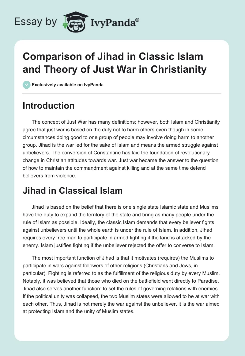 Comparison of Jihad in Classic Islam and Theory of Just War in Christianity. Page 1