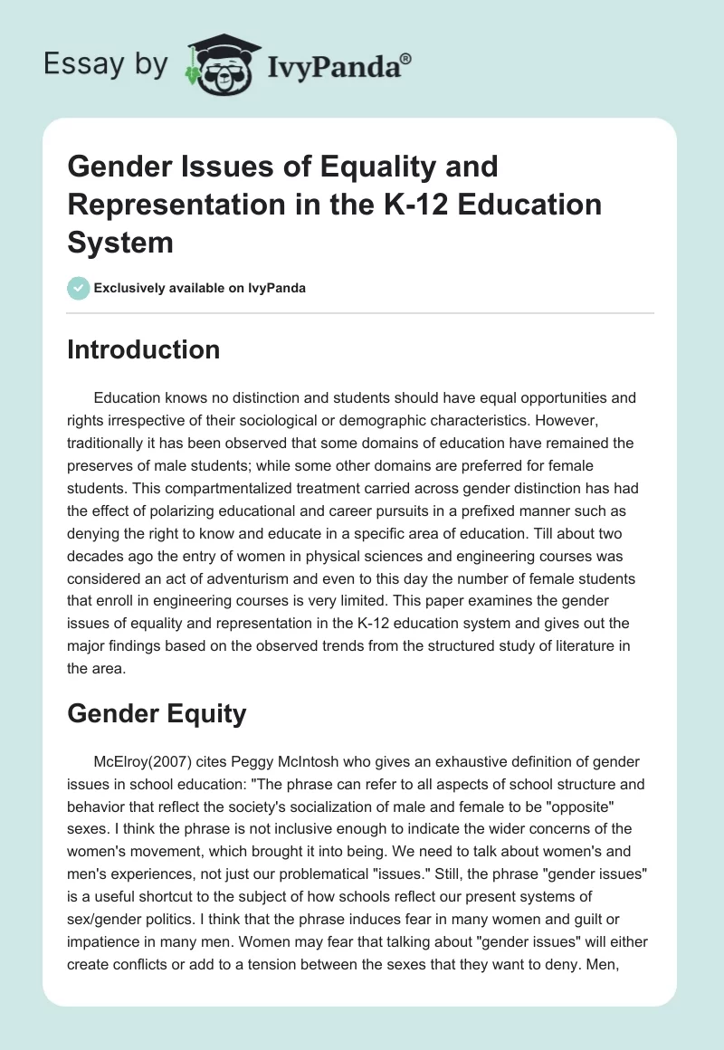 Gender Issues of Equality and Representation in the K-12 Education System. Page 1