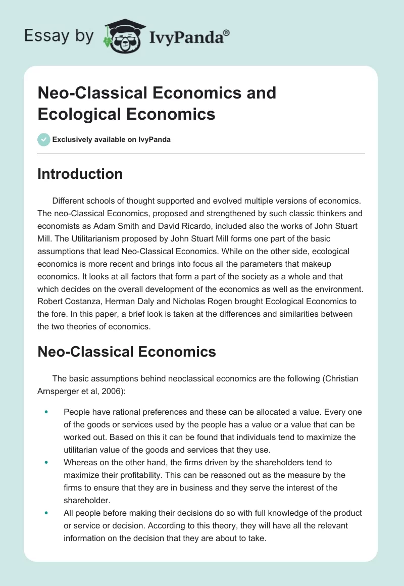 Neo-Classical Economics and Ecological Economics. Page 1