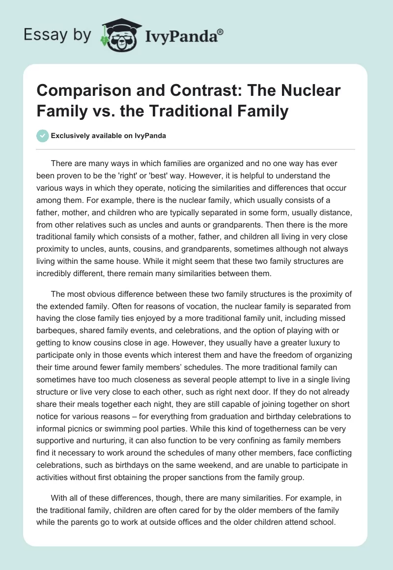 Comparison and Contrast: The Nuclear Family vs. the Traditional Family. Page 1