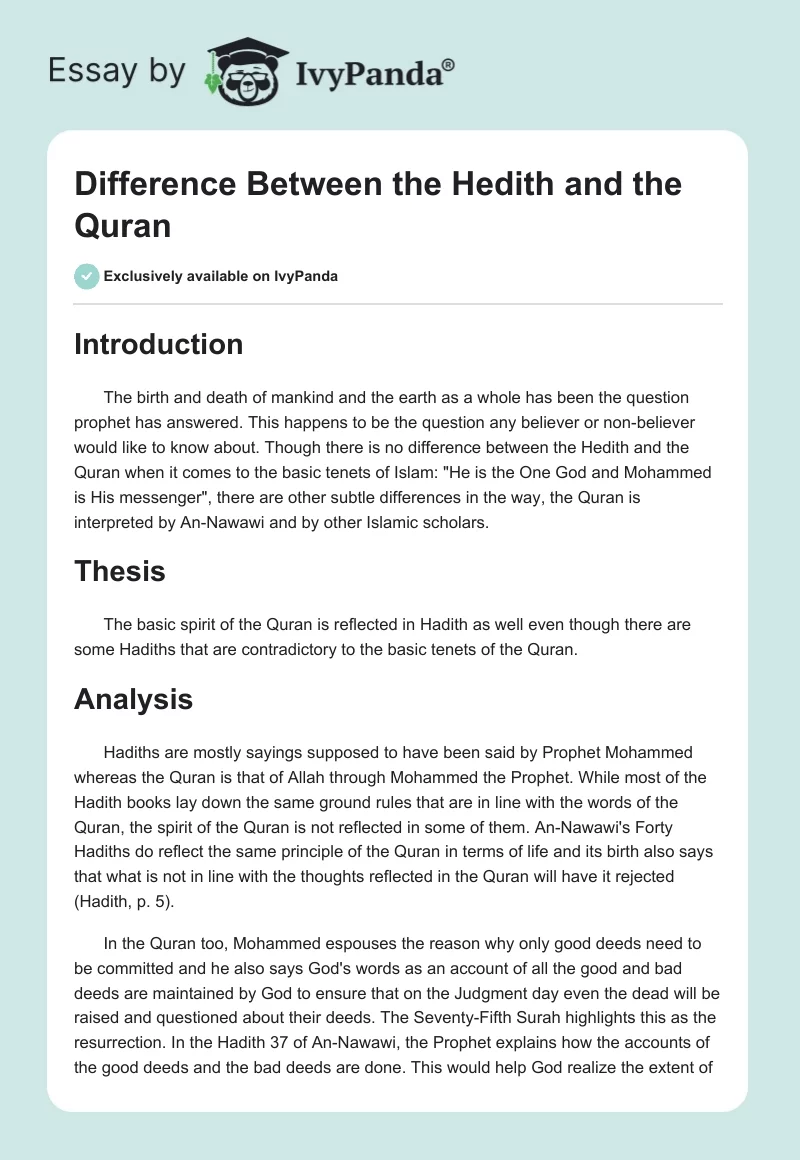 Difference Between the Hedith and the Quran. Page 1