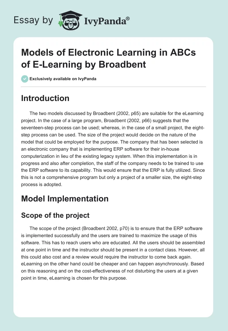 Models of Electronic Learning in "ABCs of E-Learning" by Broadbent. Page 1