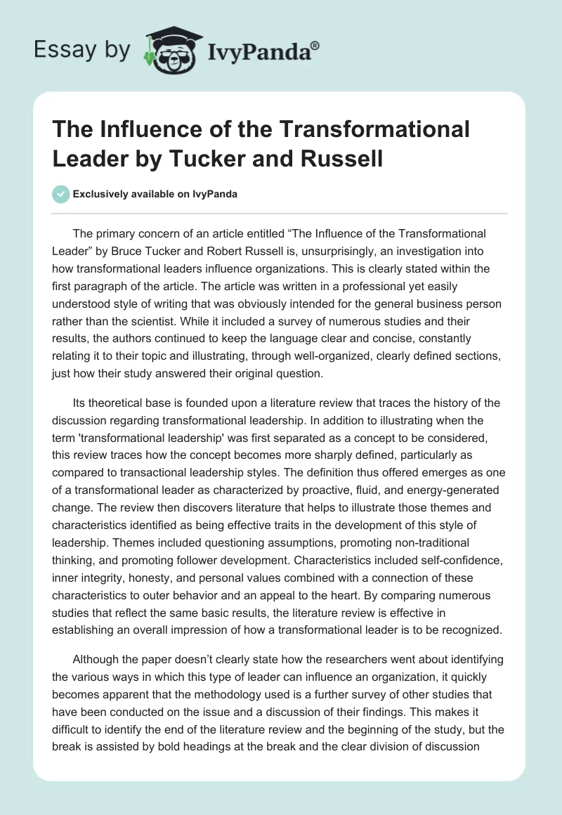 "The Influence of the Transformational Leader" by Tucker and Russell. Page 1