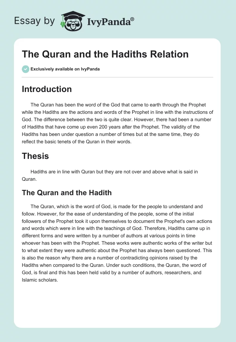 The Quran and the Hadiths Relation. Page 1