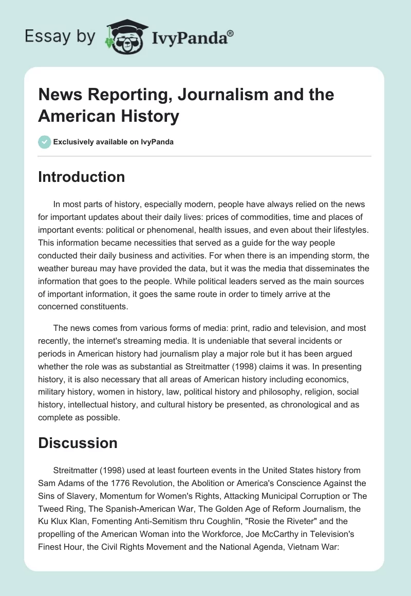 News Reporting, Journalism and the American History. Page 1