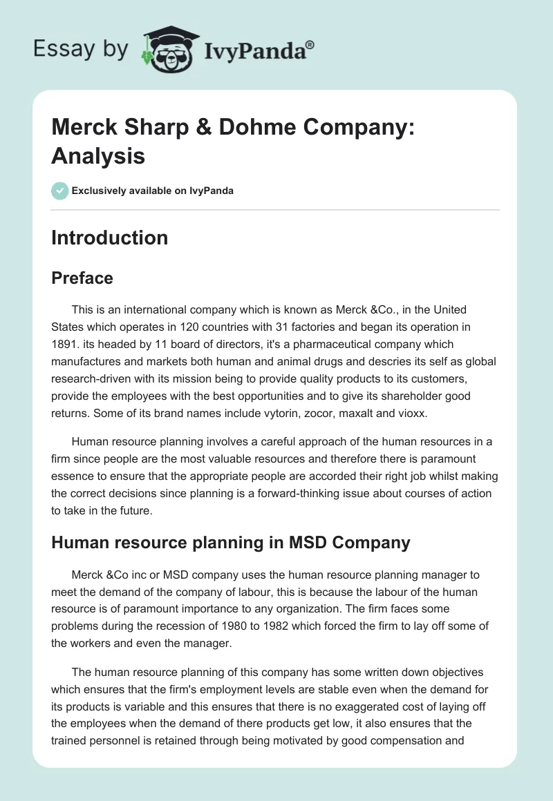 Merck Sharp & Dohme Company: Analysis. Page 1