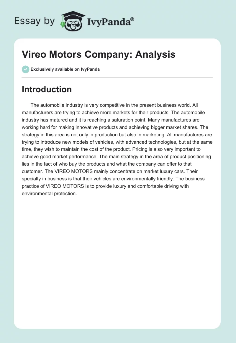 Vireo Motors Company: Analysis. Page 1