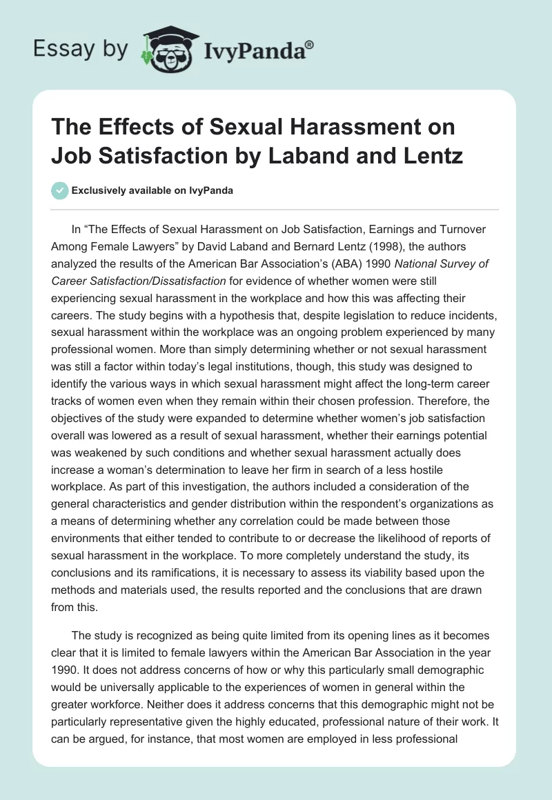 "The Effects of Sexual Harassment on Job Satisfaction" by Laband and Lentz. Page 1