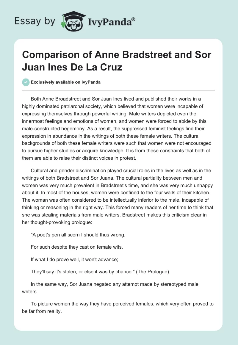 Comparison of Anne Bradstreet and Sor Juan Ines De La Cruz. Page 1