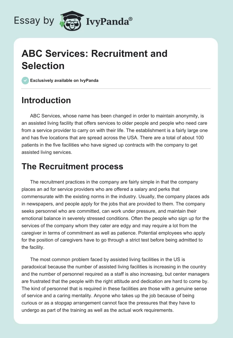 ABC Services: Recruitment and Selection. Page 1
