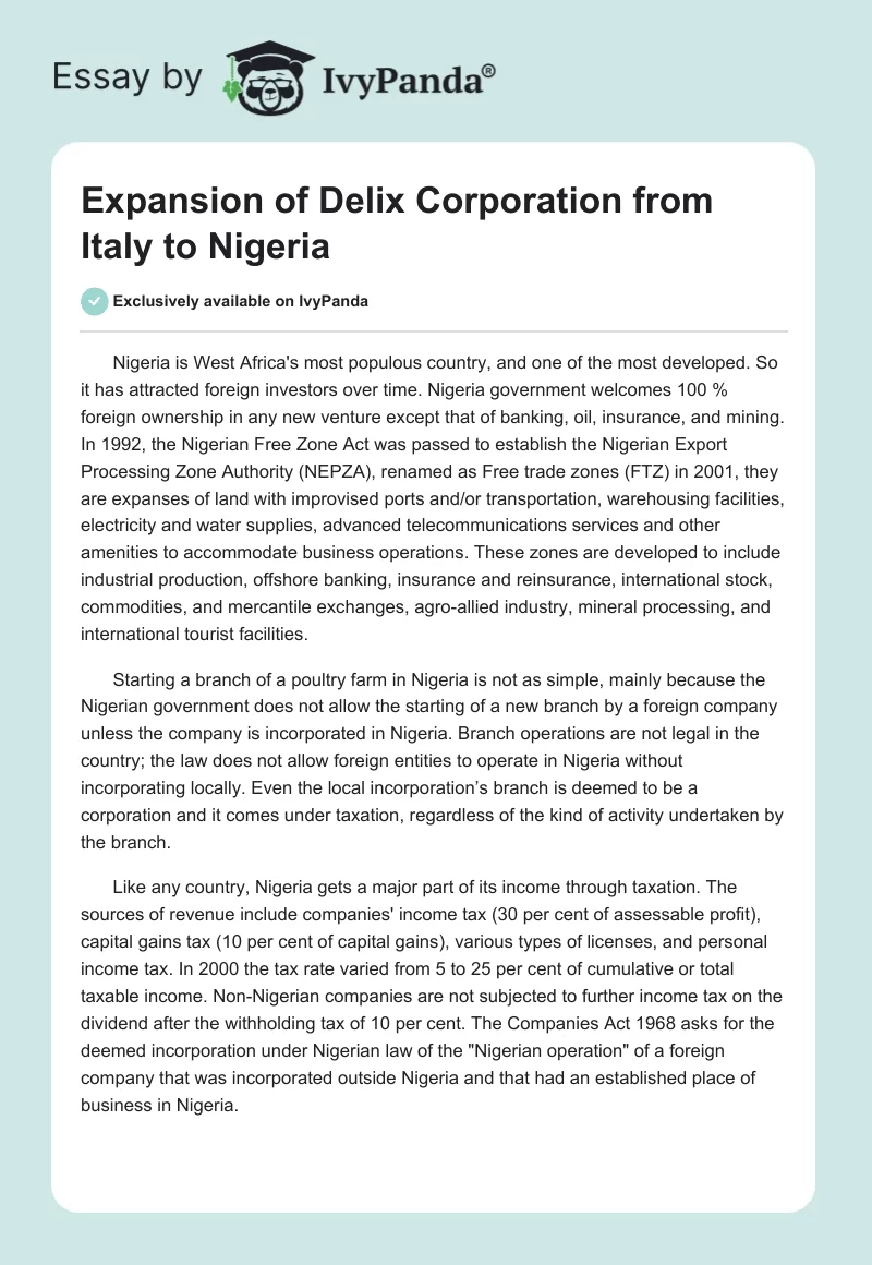 Expansion of Delix Corporation From Italy to Nigeria. Page 1