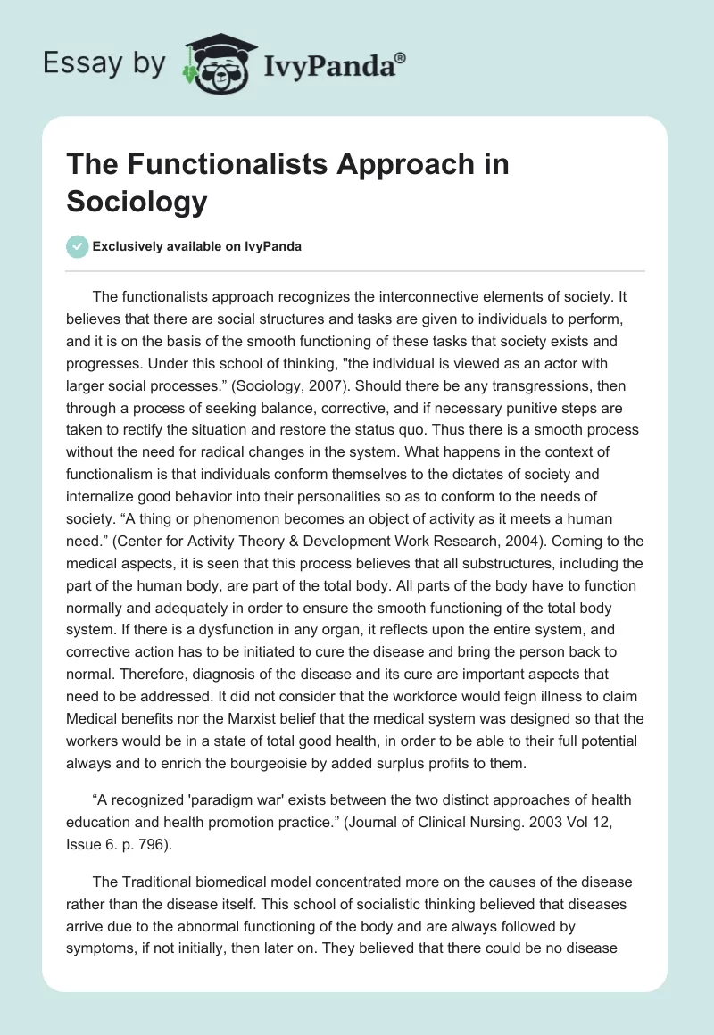The Functionalists Approach in Sociology. Page 1