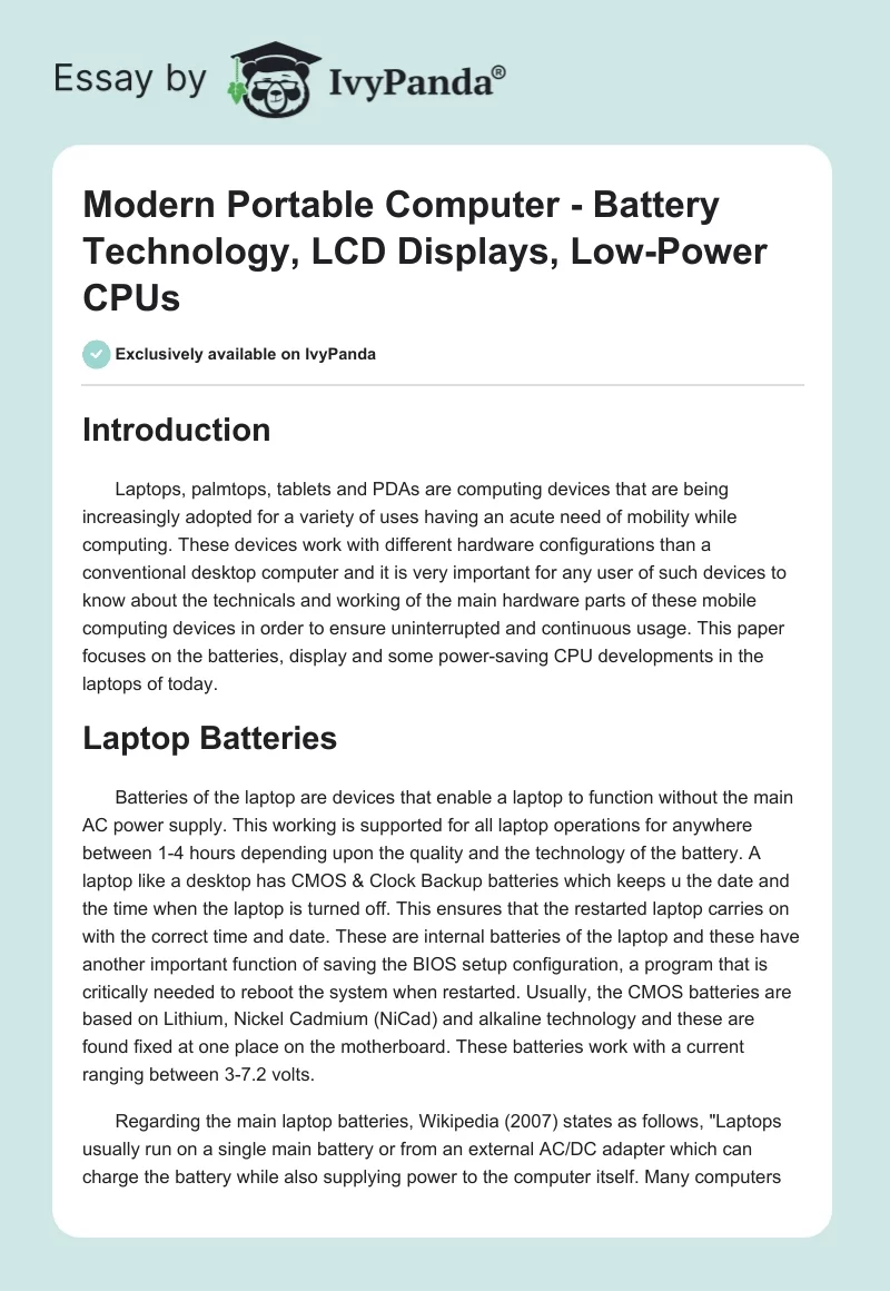 Modern Portable Computer - Battery Technology, LCD Displays, Low-Power CPUs. Page 1