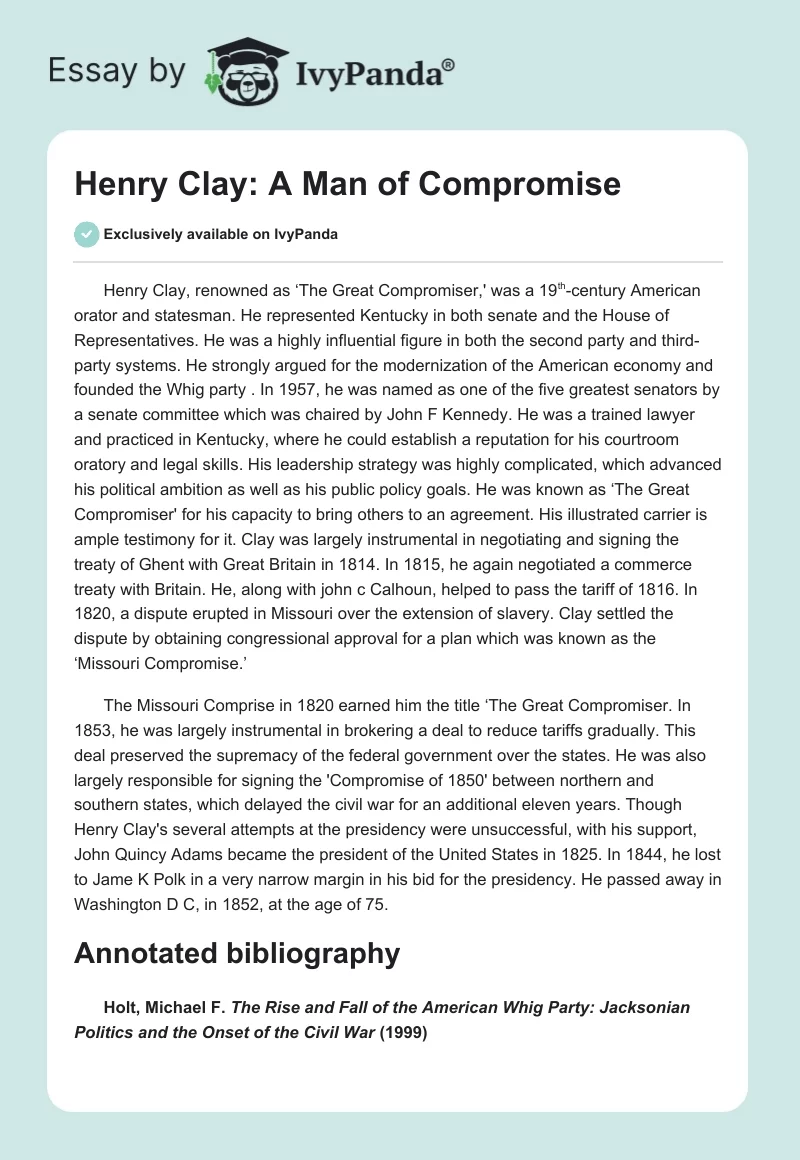 Henry Clay: A Man of Compromise. Page 1