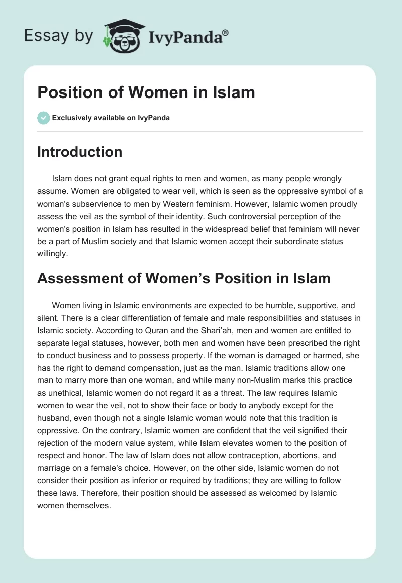 Position of Women in Islam. Page 1
