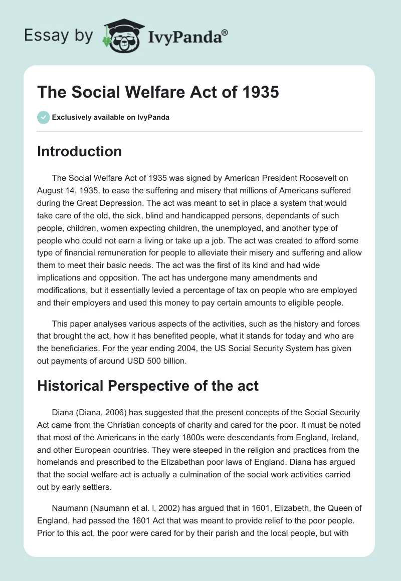 The Social Welfare Act of 1935. Page 1