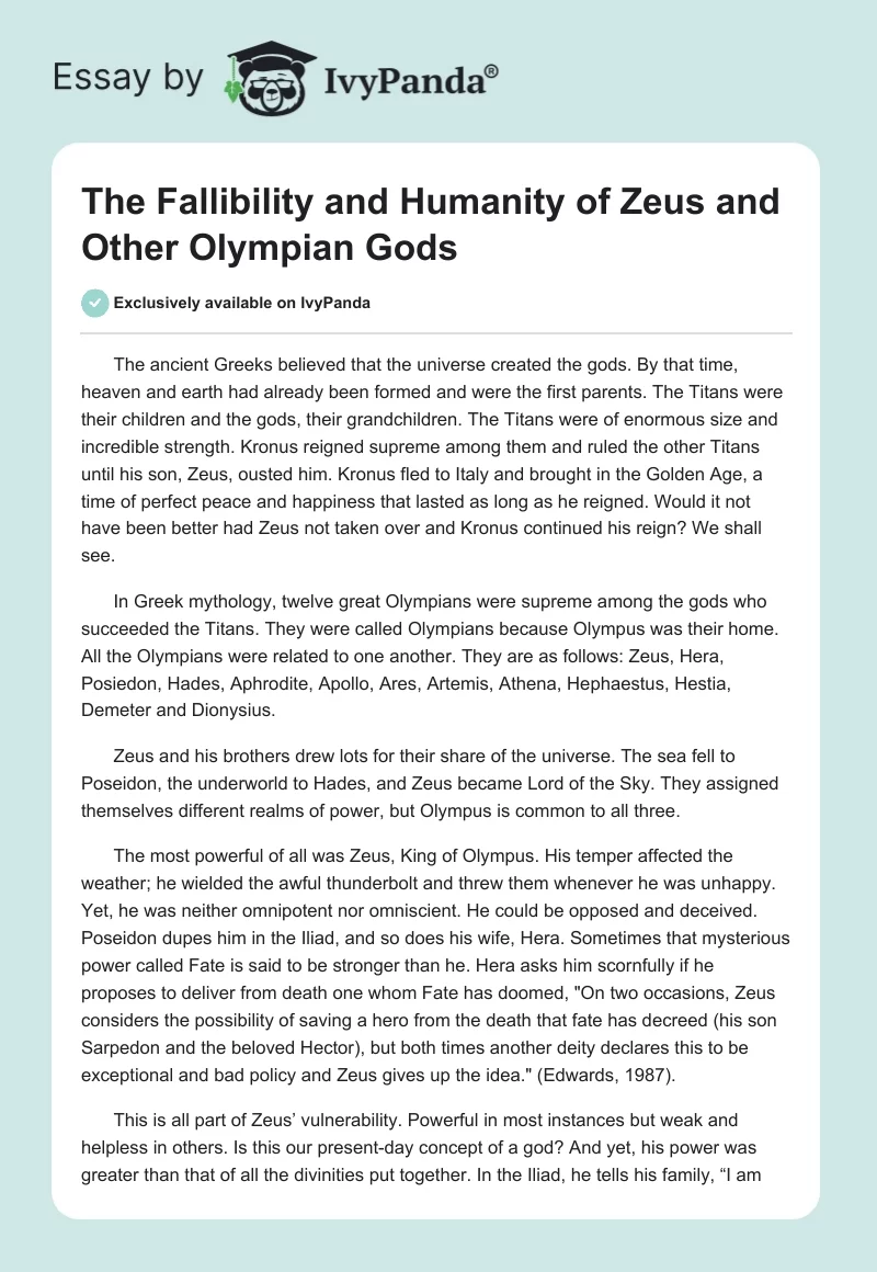 The Fallibility and Humanity of Zeus and Other Olympian Gods. Page 1