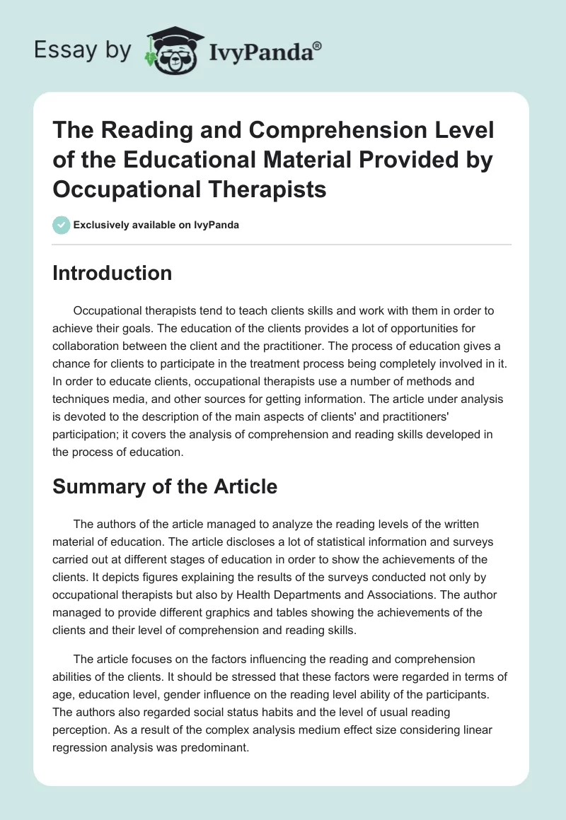The Reading and Comprehension Level of the Educational Material Provided by Occupational Therapists. Page 1