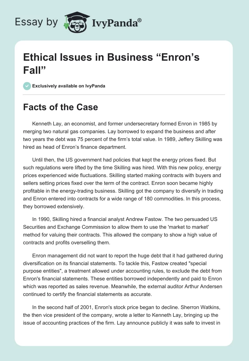 Ethical Issues in Business “Enron’s Fall”. Page 1