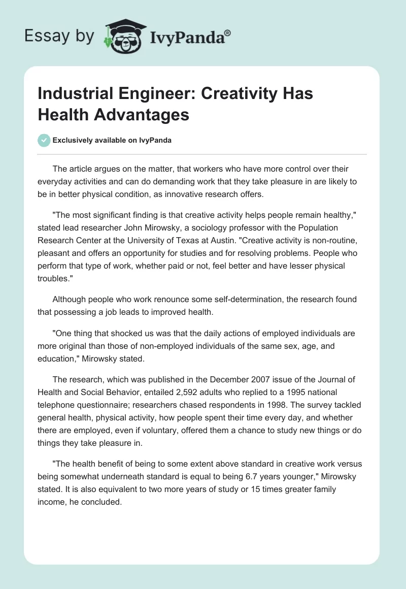Industrial Engineer: Creativity Has Health Advantages. Page 1
