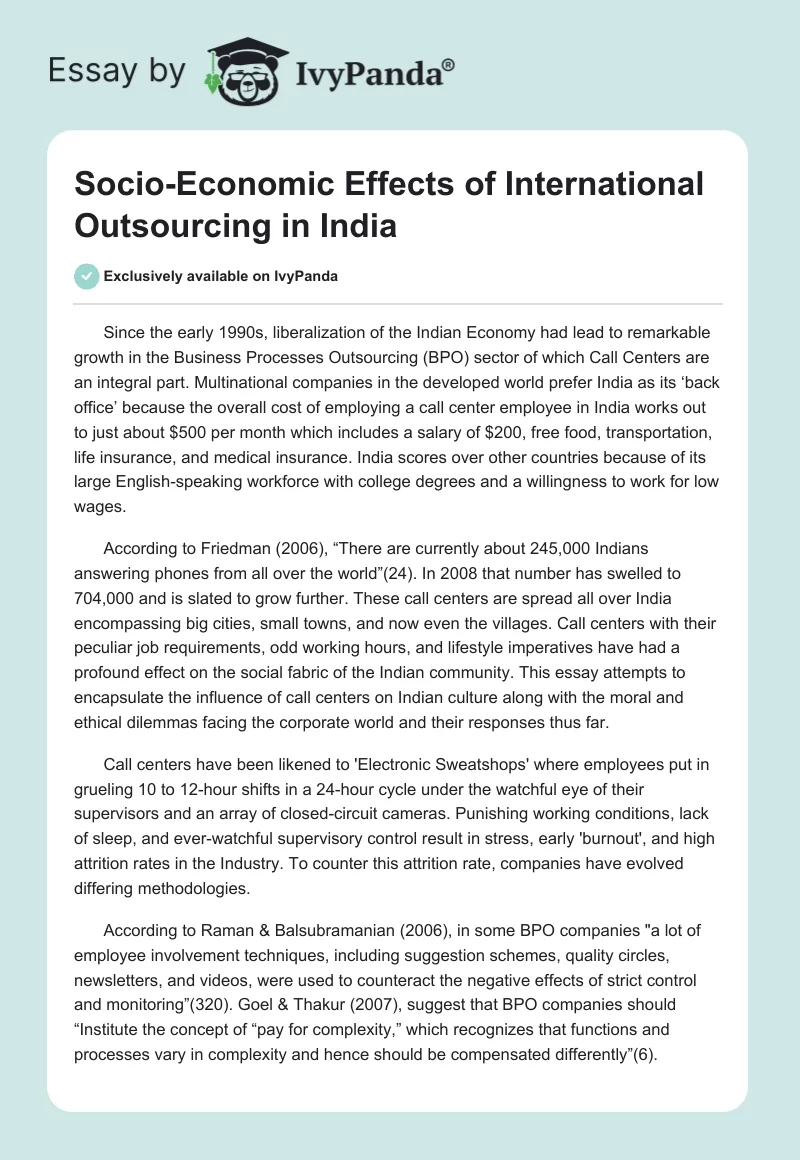Socio-Economic Effects of International Outsourcing in India. Page 1