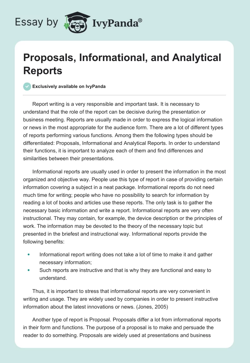 Proposals, Informational, and Analytical Reports. Page 1
