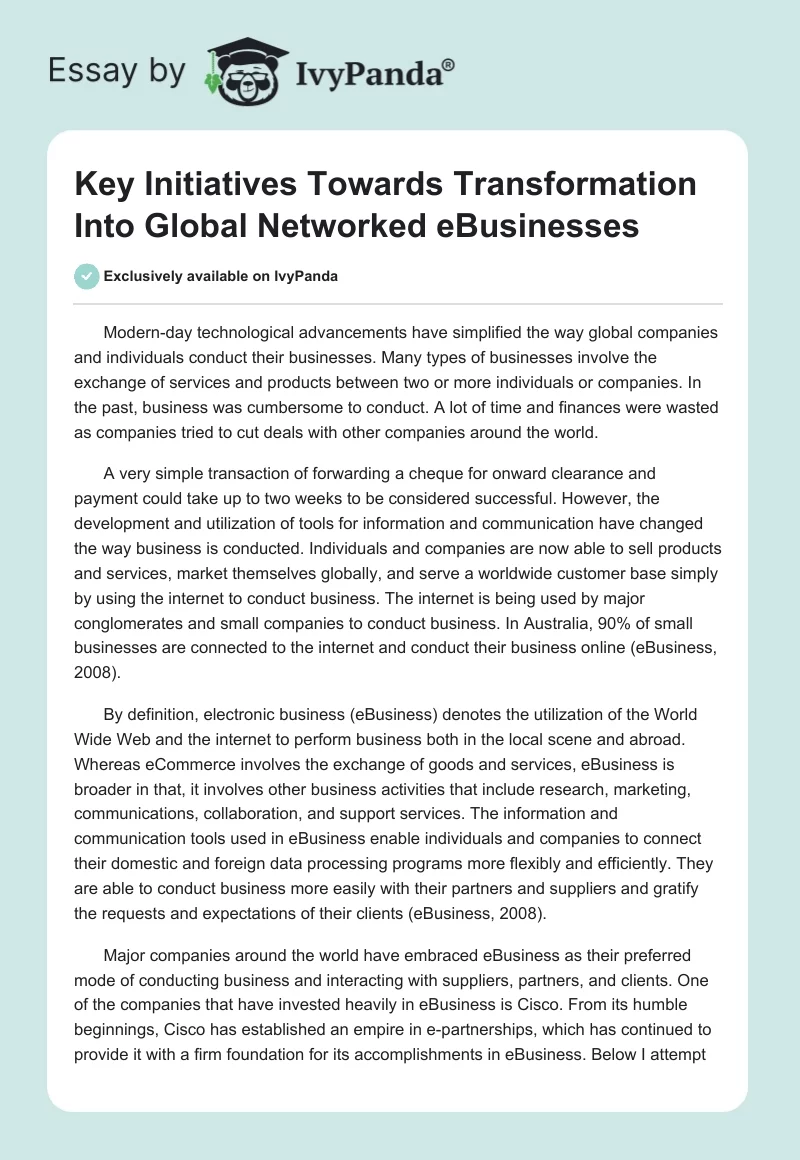 Key Initiatives Towards Transformation Into Global Networked eBusinesses. Page 1