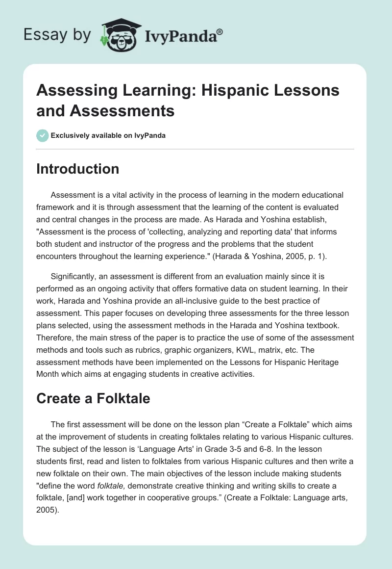 Assessing Learning: Hispanic Lessons and Assessments. Page 1