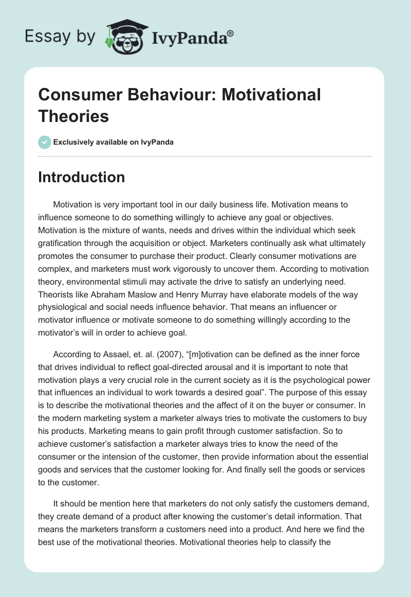 Consumer Behaviour: Motivational Theories. Page 1