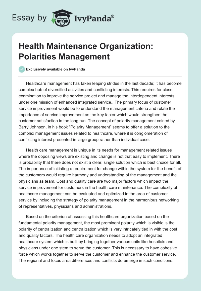 Health Maintenance Organization: Polarities Management. Page 1