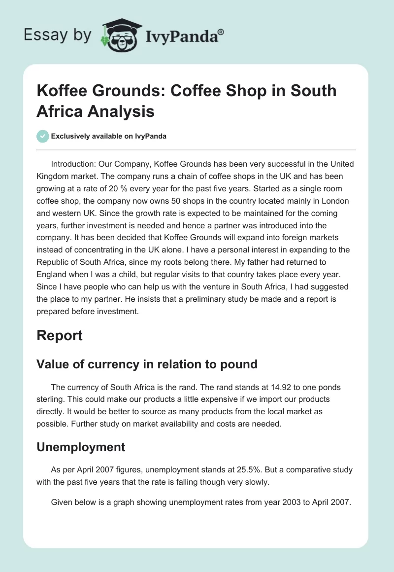 Koffee Grounds: Coffee Shop in South Africa Analysis. Page 1