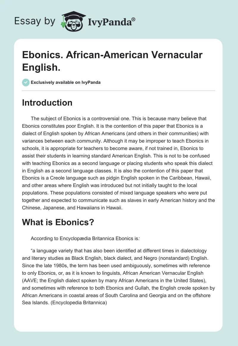 Ebonics. African-American Vernacular English.. Page 1