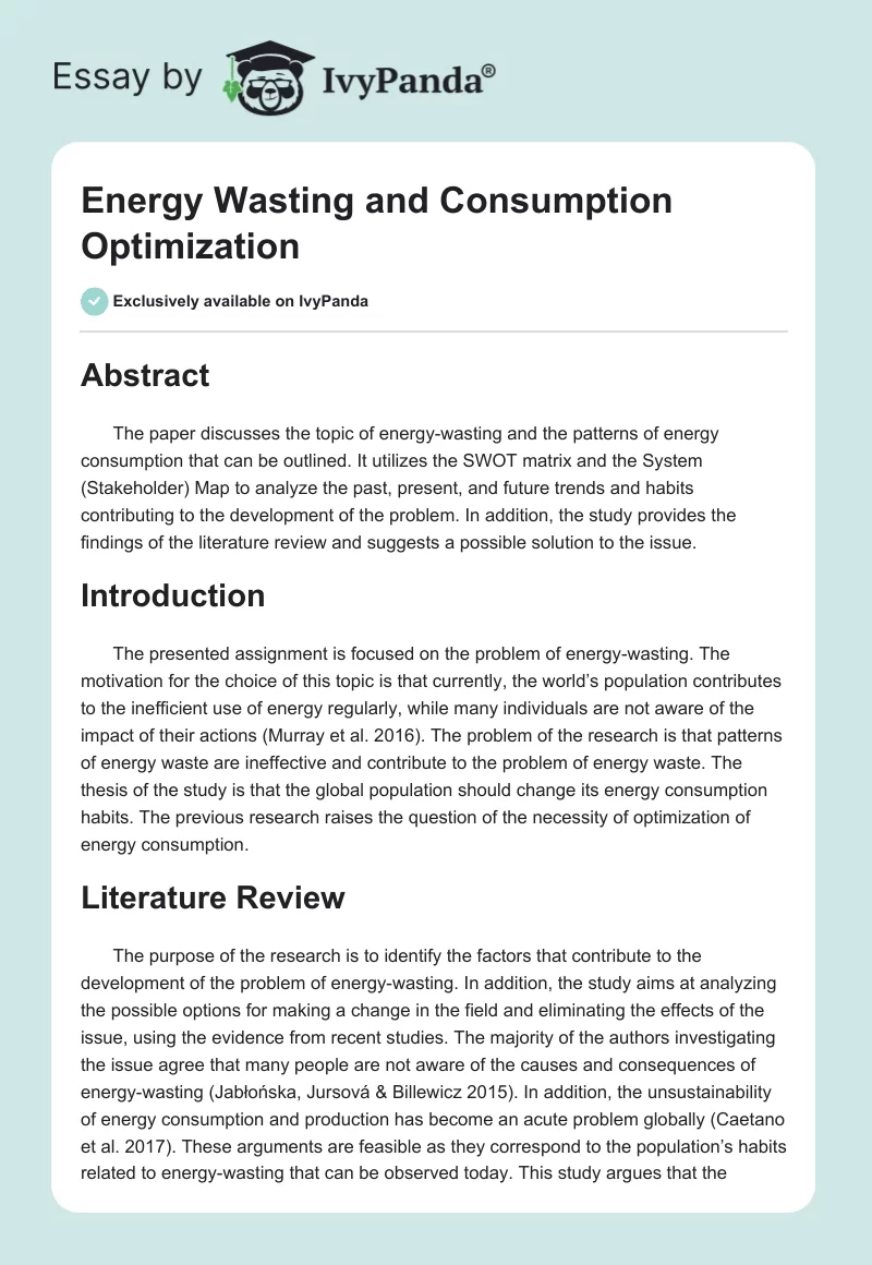 Energy Wasting and Consumption Optimization. Page 1