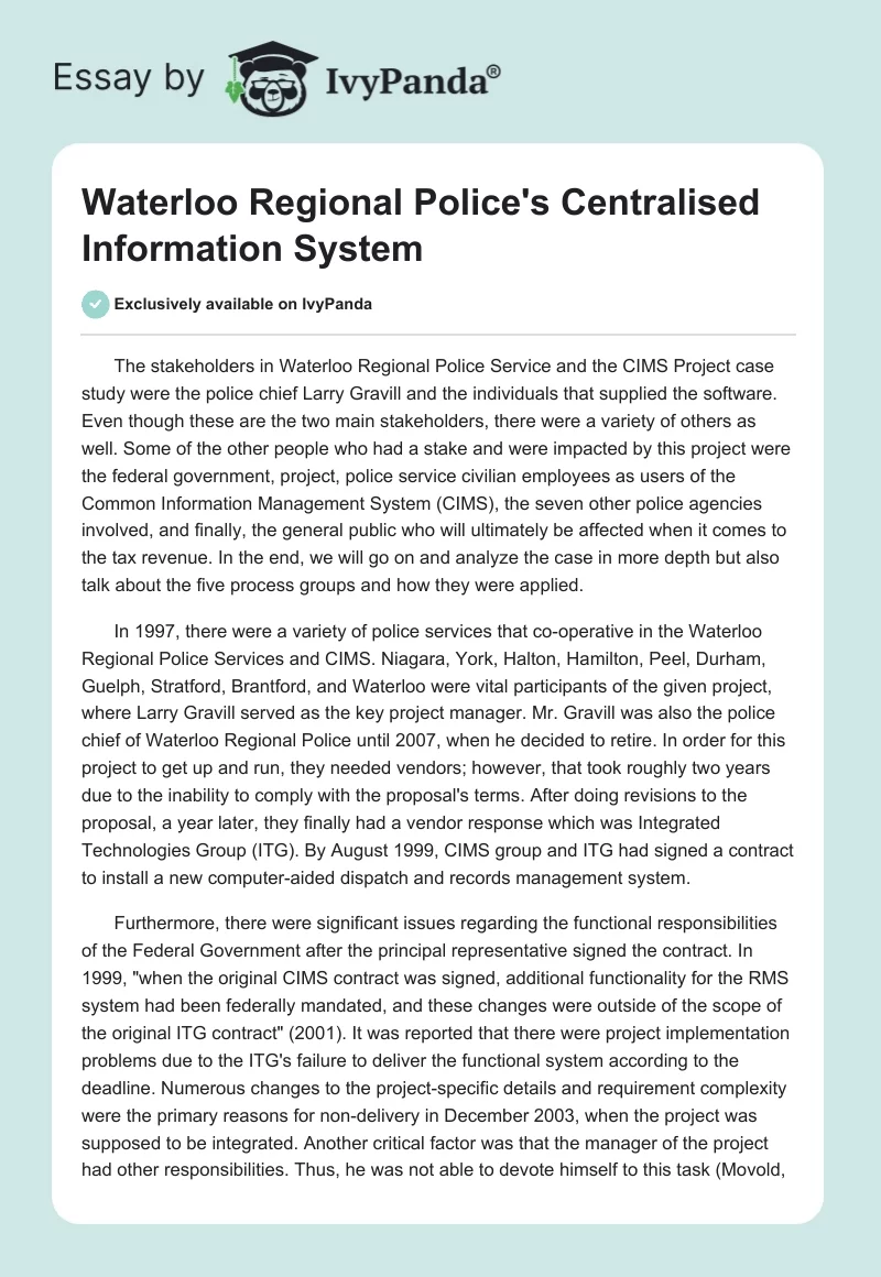 Waterloo Regional Police's Centralised Information System. Page 1