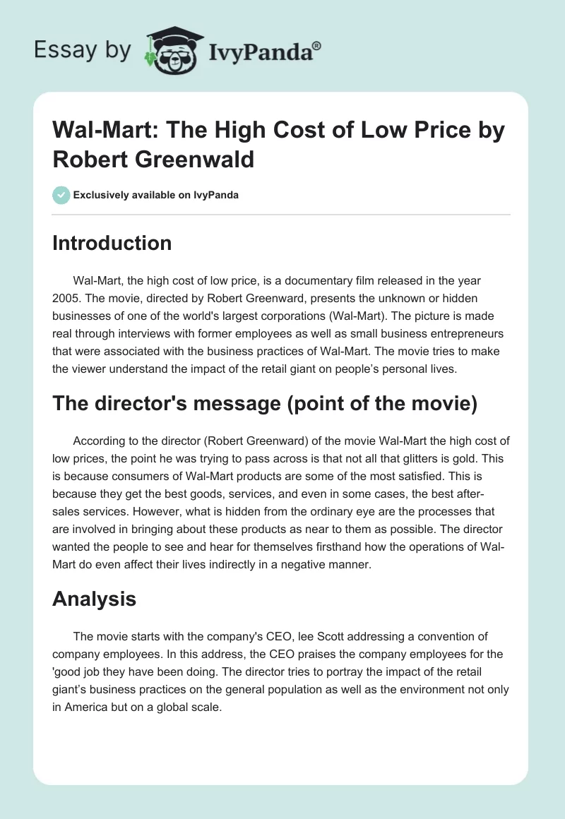 "Wal-Mart: The High Cost of Low Price" by Robert Greenwald. Page 1
